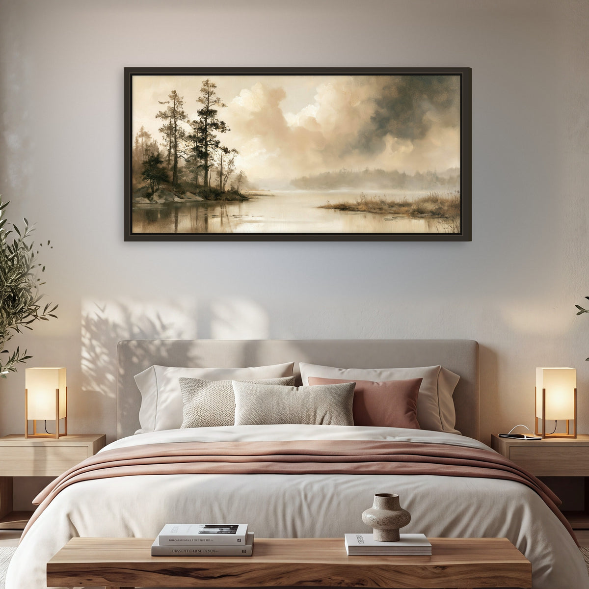 Vintage sepia pine lake painting framed canvas wall art in a bedroom above the bed
