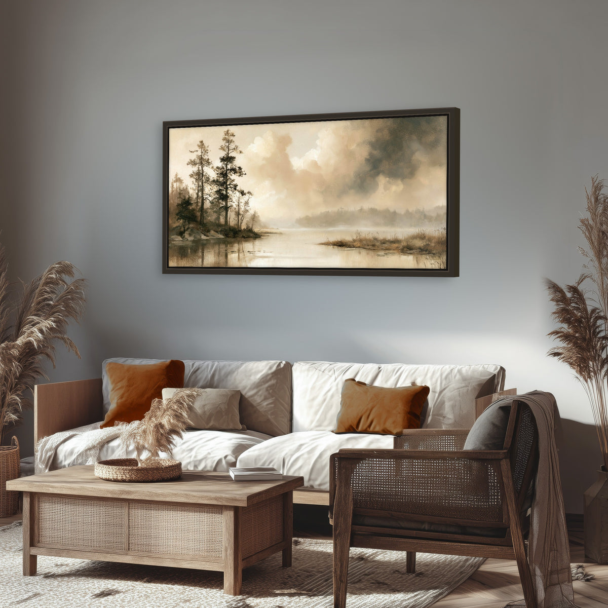 Vintage sepia pine lake painting framed canvas wall art in a rustic living room