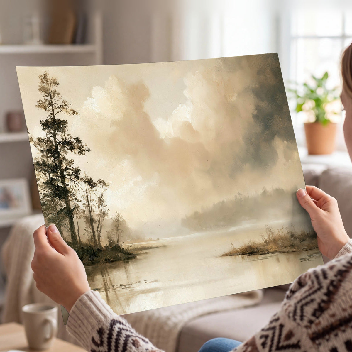 Vintage sepia pine lake painting poster print held in hands