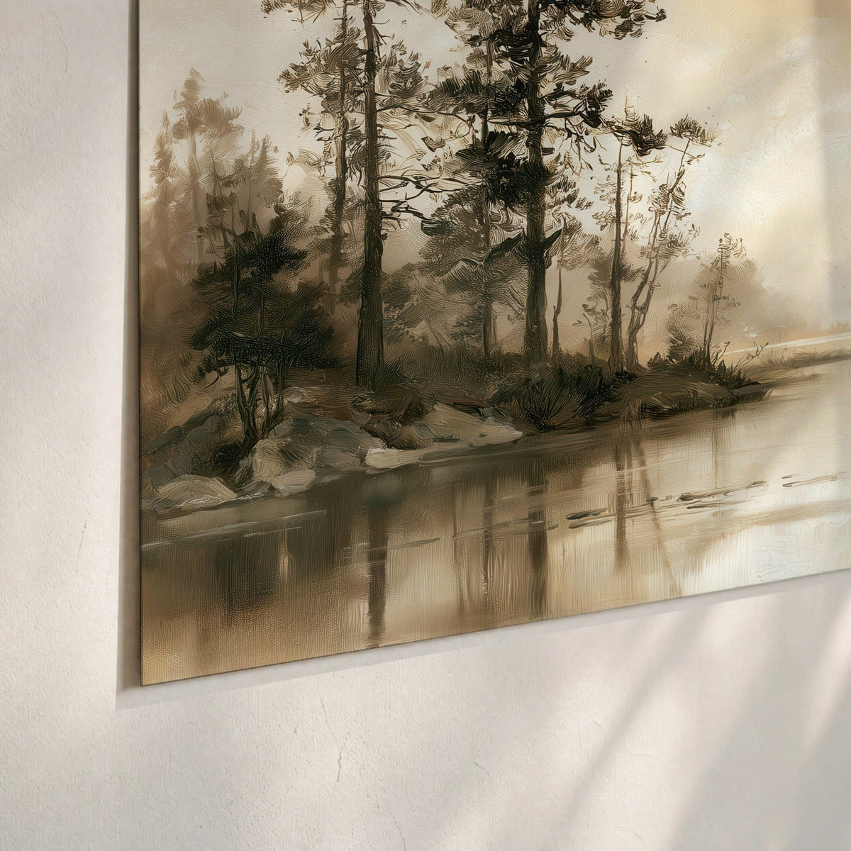Vintage sepia pine lake painting poster print close-up on matte paper