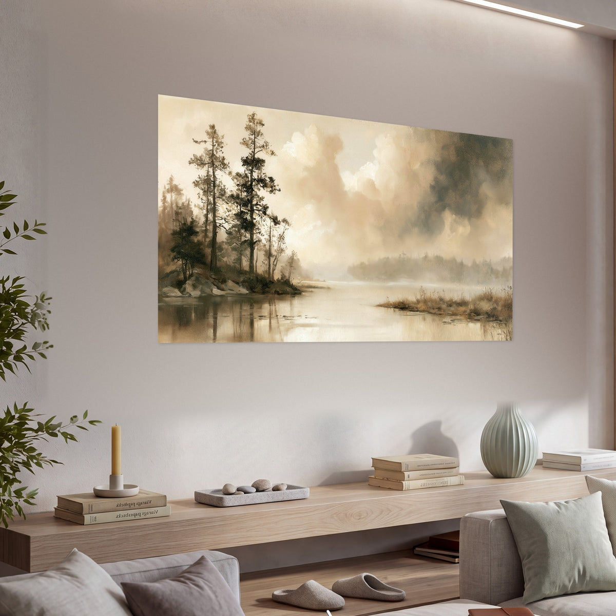 Vintage sepia pine lake painting poster print in a living room above a console