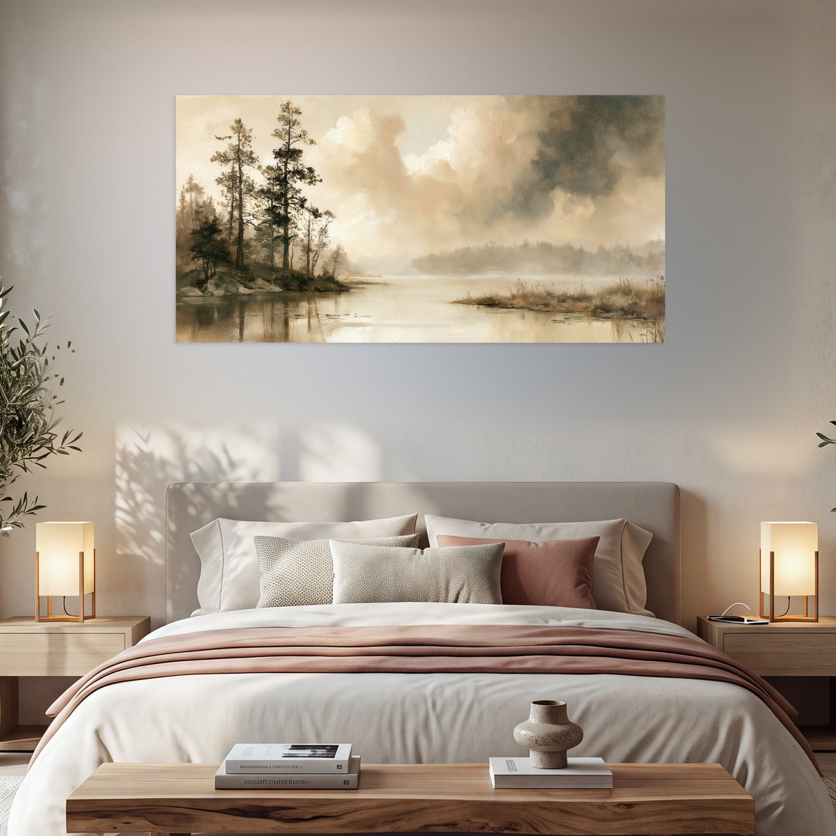 Vintage sepia pine lake painting poster print in a bedroom above the bed