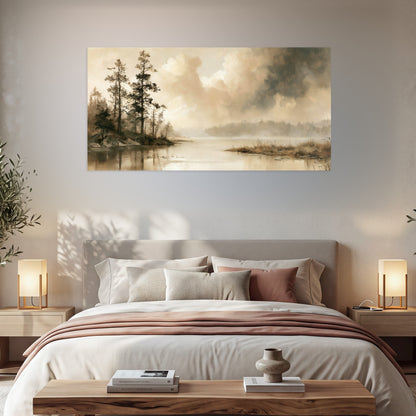 Vintage sepia pine lake painting poster print in a bedroom above the bed