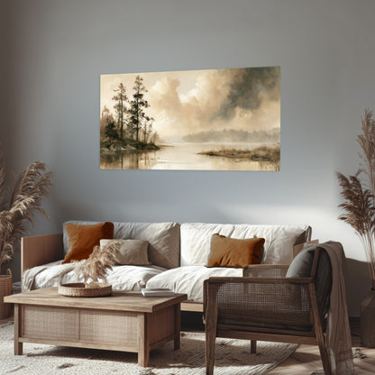 Vintage sepia pine lake painting poster print in a rustic living room