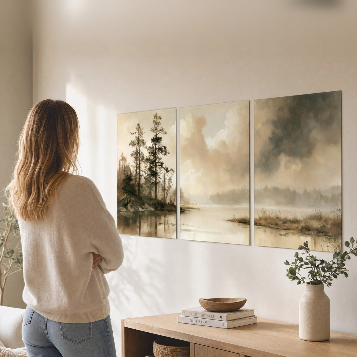 Vintage sepia pine lake painting set of 3 poster prints in a living room