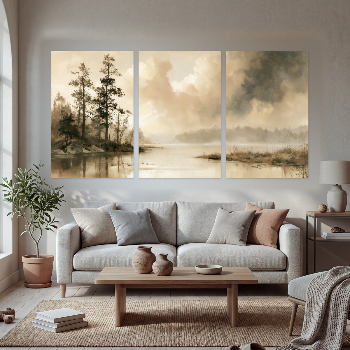 Vintage sepia pine lake painting set of 3 poster prints in a bright living room