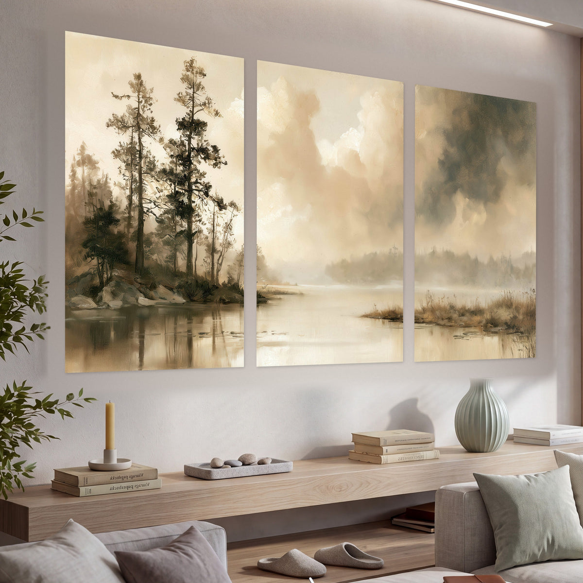 Vintage sepia pine lake painting set of 3 poster prints in a living room above a console