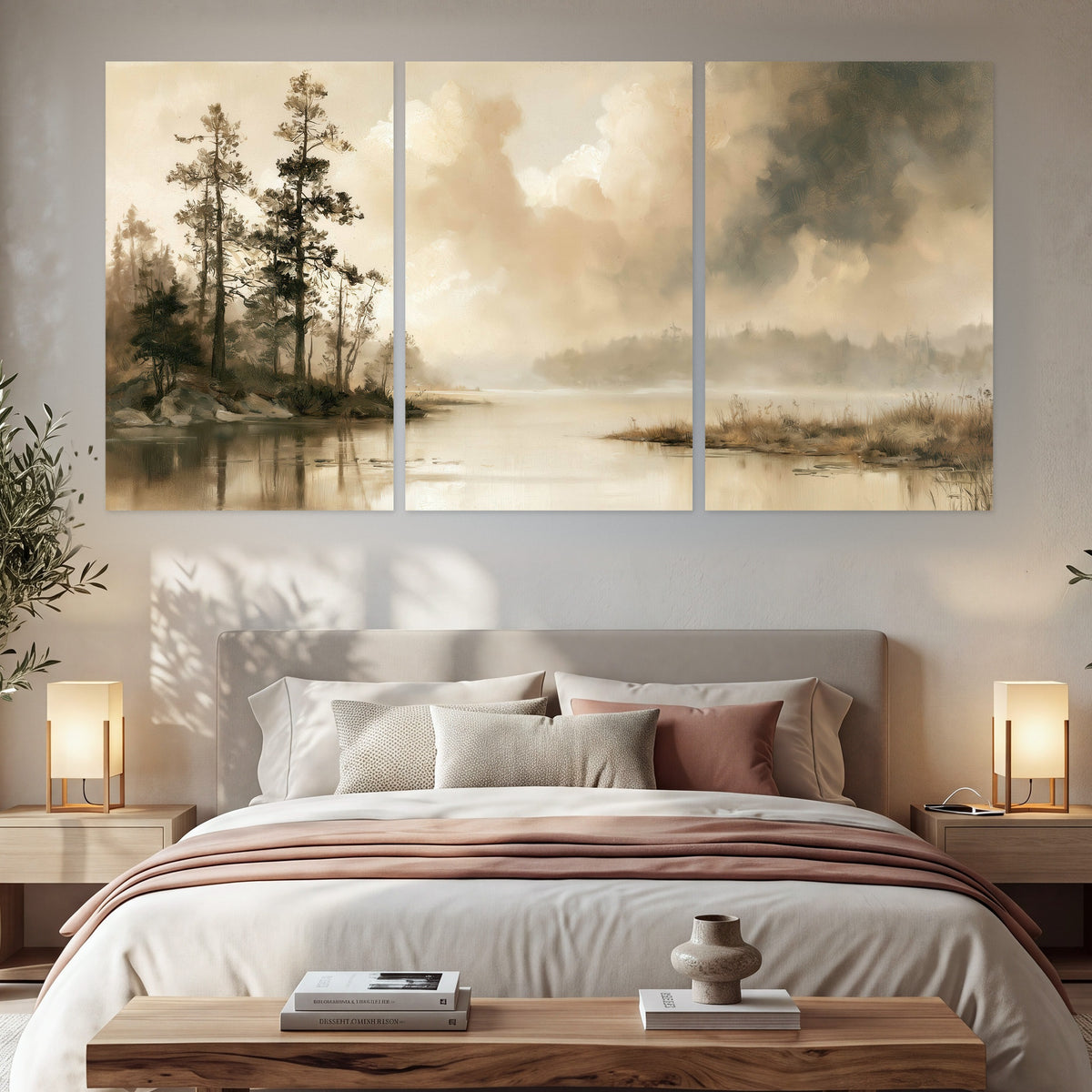 Vintage sepia pine lake painting set of 3 poster prints in a bedroom above the bed