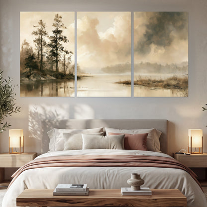 Vintage sepia pine lake painting set of 3 poster prints in a bedroom above the bed