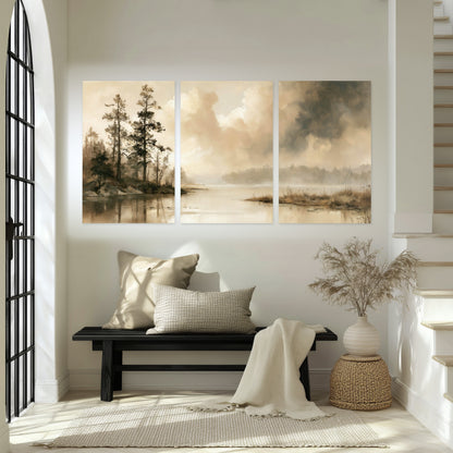 Vintage sepia pine lake painting set of 3 poster prints in an entryway above a bench