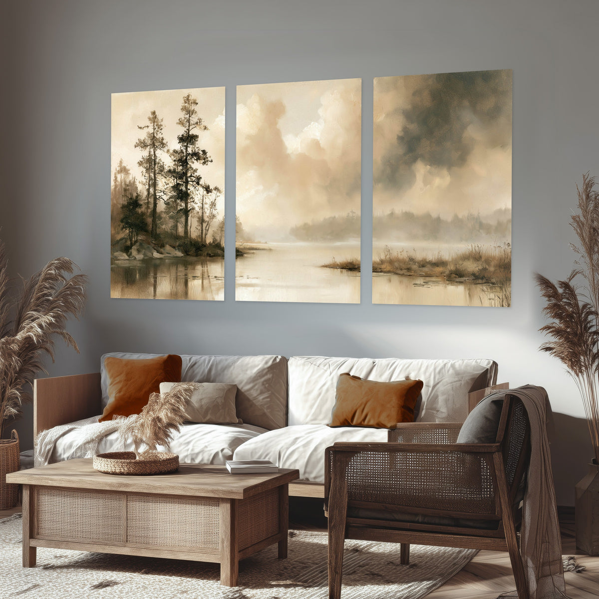 Vintage sepia pine lake painting set of 3 poster prints in a rustic living room