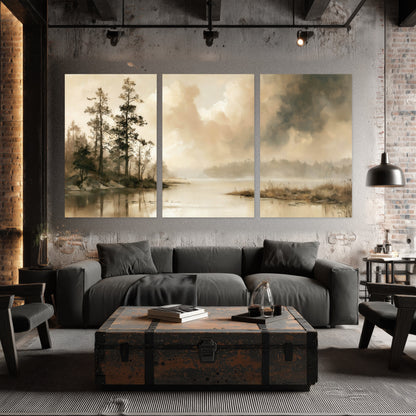 Vintage sepia pine lake painting set of 3 poster prints in an industrial loft