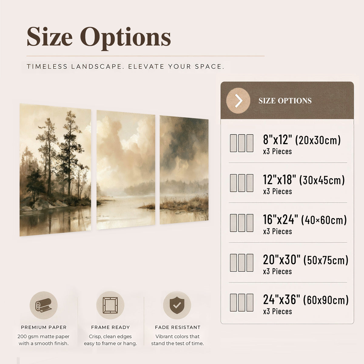 Vintage sepia pine lake painting set of 3 poster prints size options