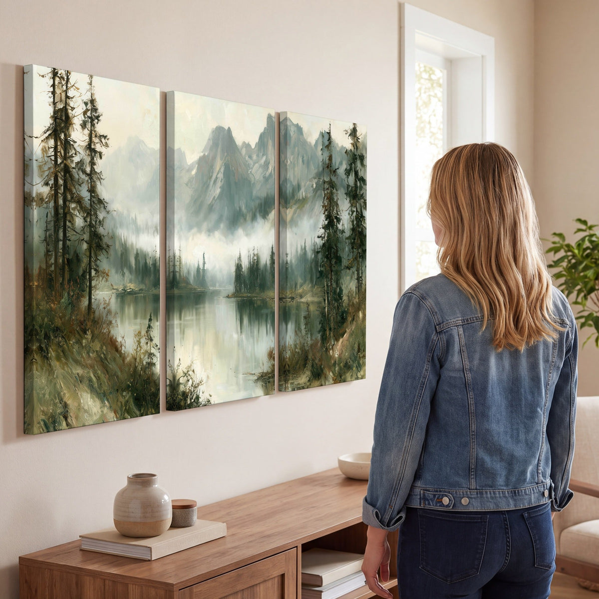 Misty alpine lake painting 3 piece canvas wall art in a living room