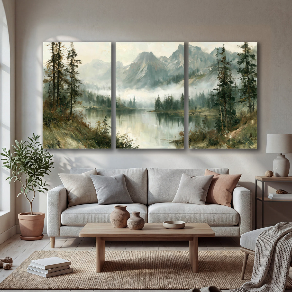 Misty alpine lake painting 3 piece canvas wall art in a bright living room