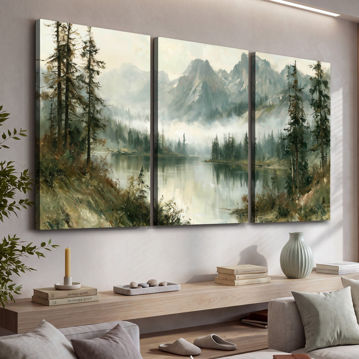 Misty alpine lake painting 3 piece canvas wall art in a living room above a console