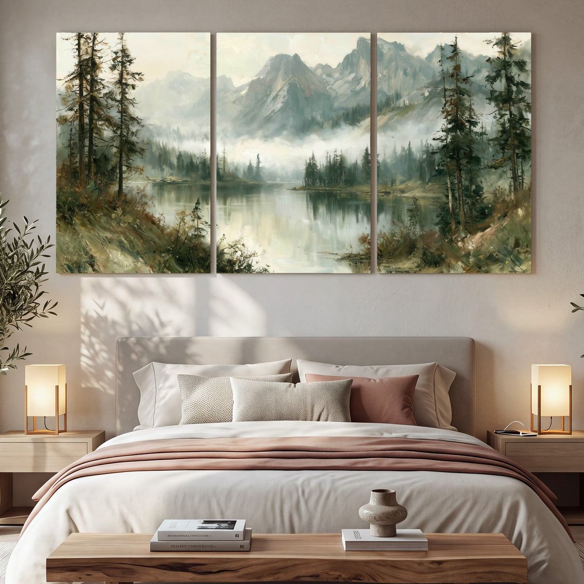 Misty alpine lake painting 3 piece canvas wall art in a bedroom above the bed