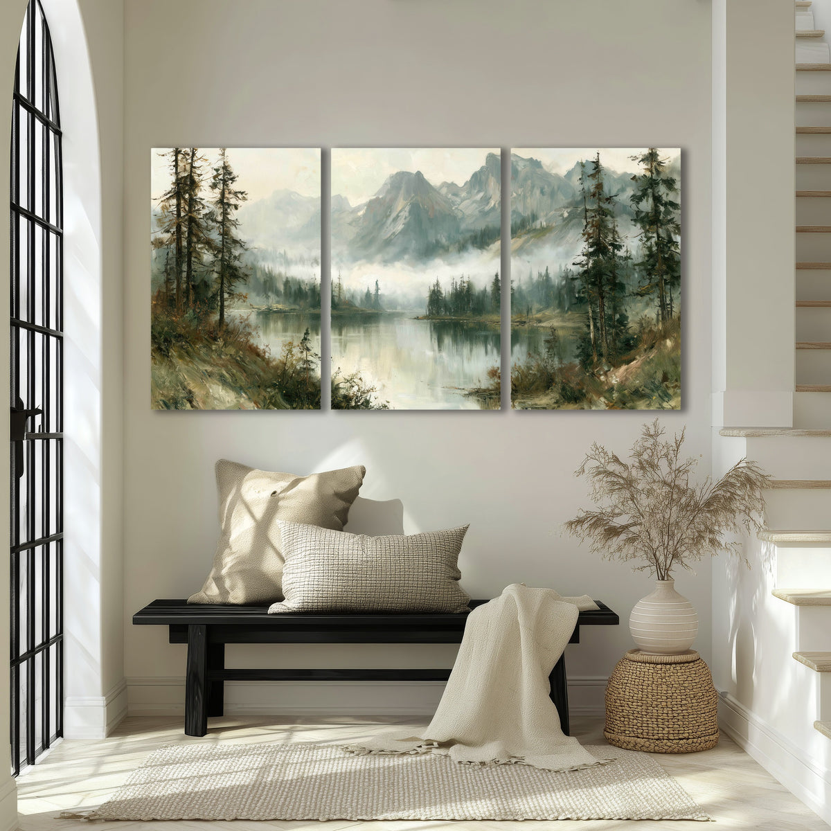 Misty alpine lake painting 3 piece canvas wall art in an entryway above a bench