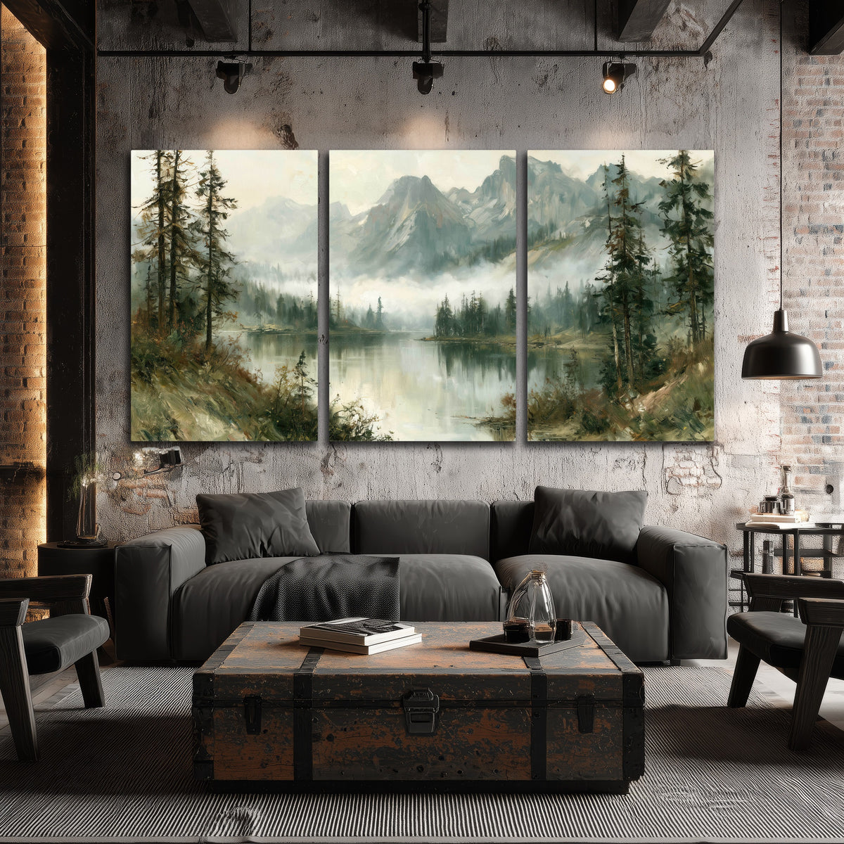 Misty alpine lake painting 3 piece canvas wall art in an industrial loft