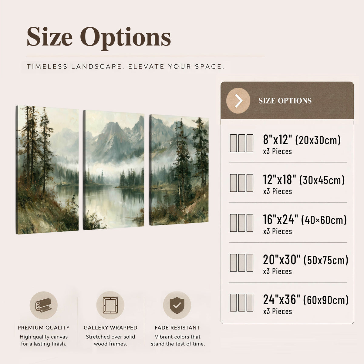 Misty alpine lake painting 3 piece canvas wall art size options