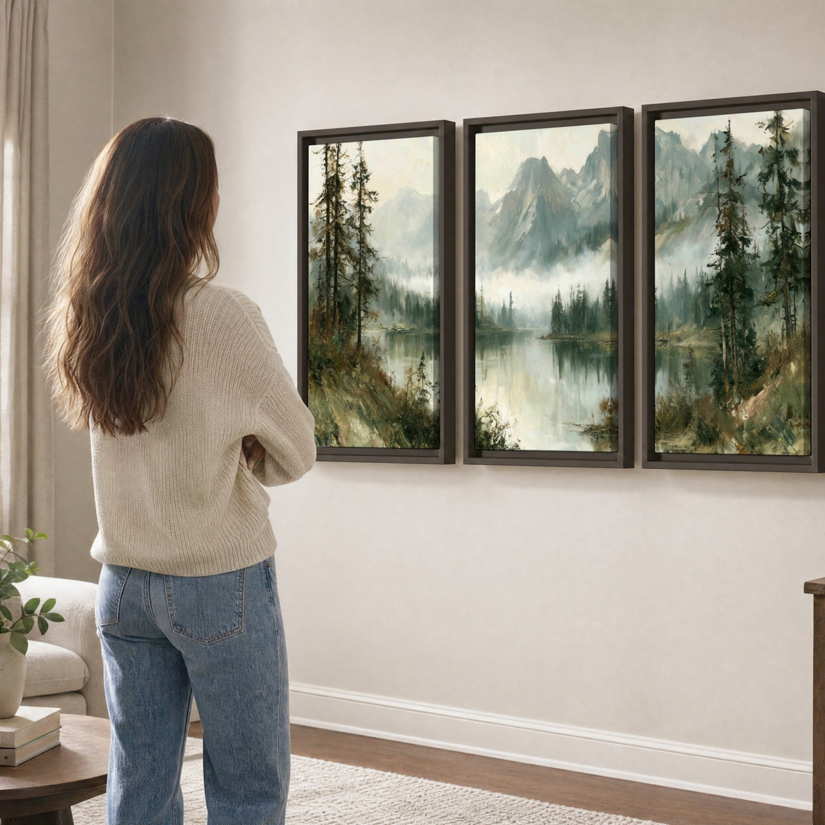 Misty alpine lake painting 3 piece framed canvas in a living room