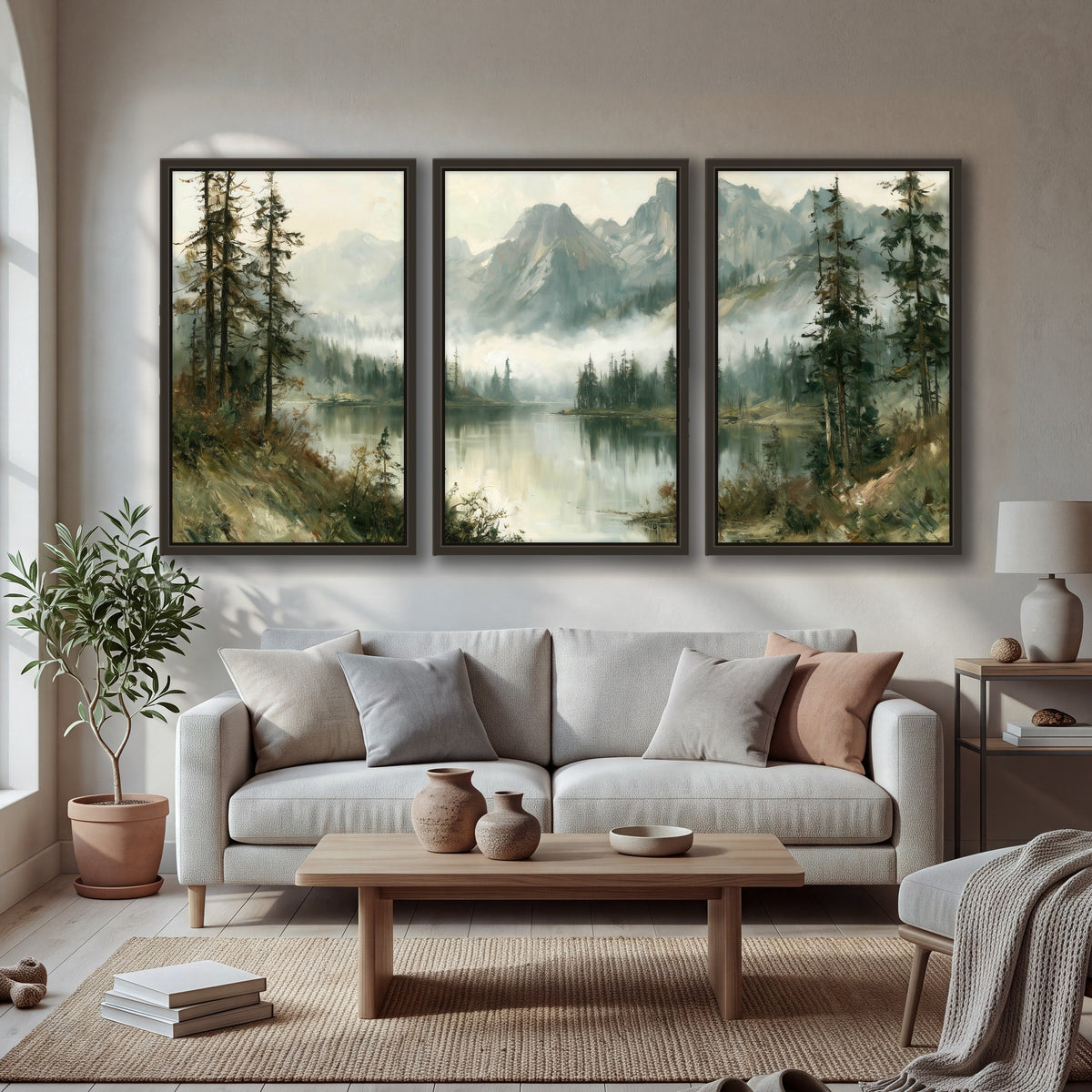 Misty alpine lake painting 3 piece framed canvas in a bright living room