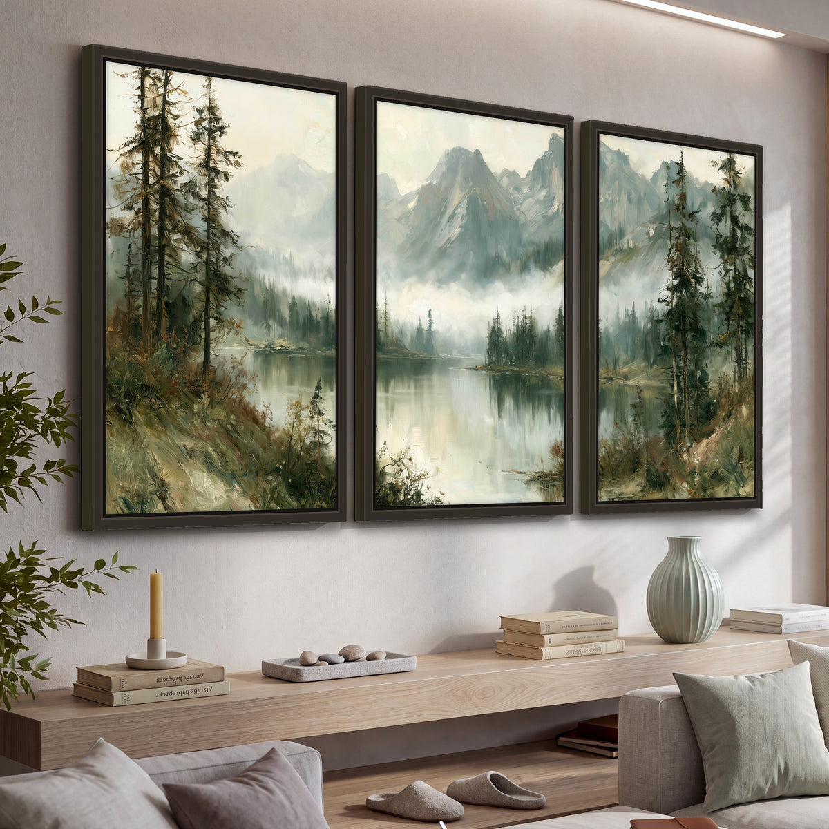 Misty alpine lake painting 3 piece framed canvas in a living room above a console