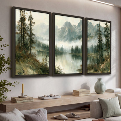 Misty alpine lake painting 3 piece framed canvas in a living room above a console