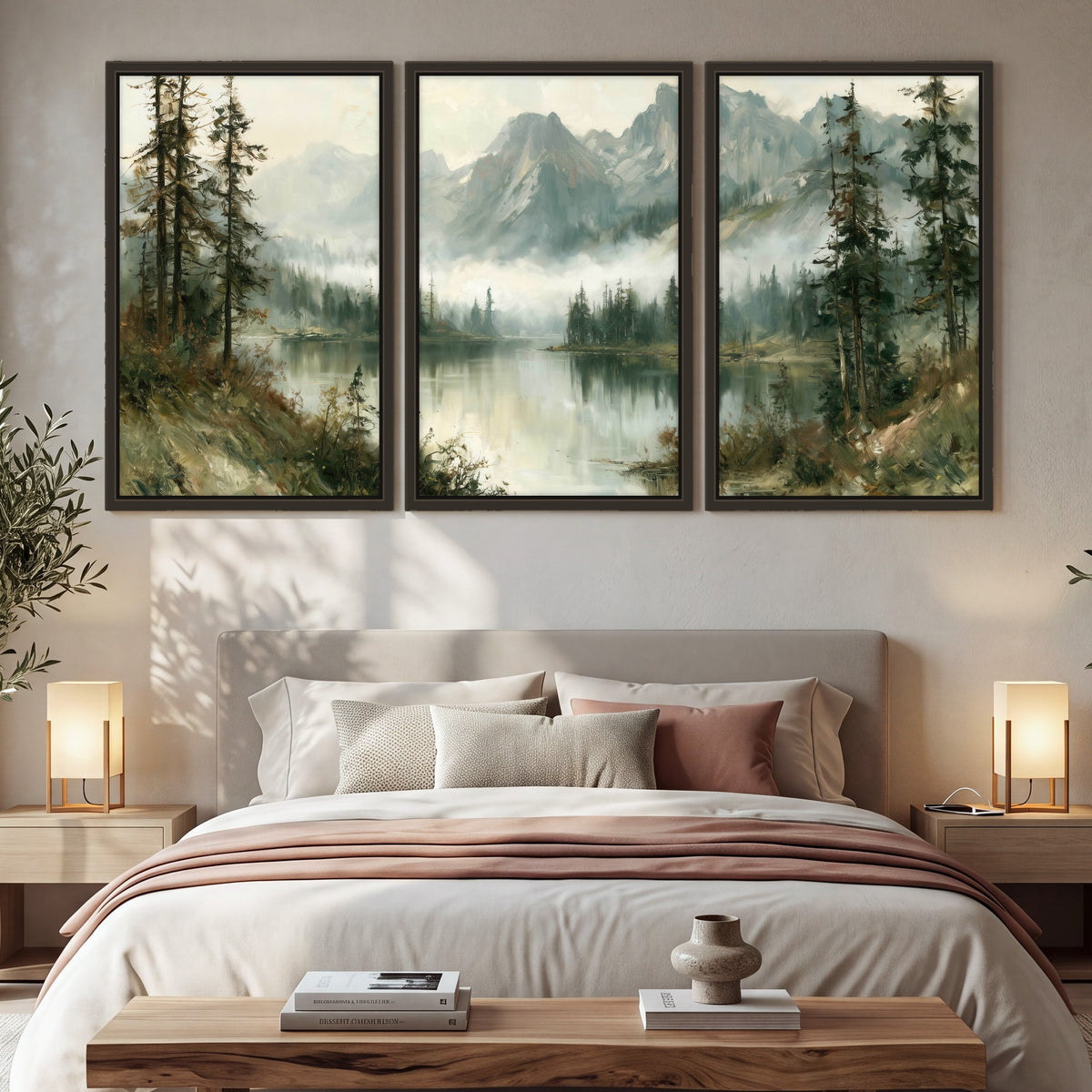 Misty alpine lake painting 3 piece framed canvas in a bedroom above the bed