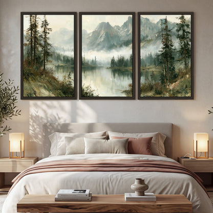 Misty alpine lake painting 3 piece framed canvas in a bedroom above the bed
