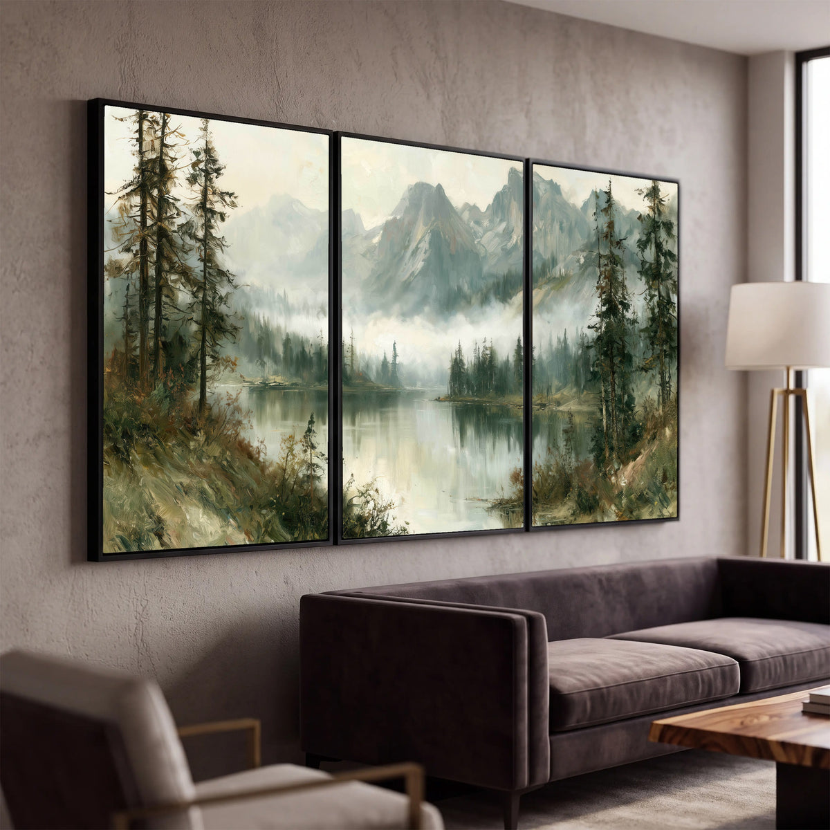 Misty alpine lake painting 3 piece framed canvas in a modern living room