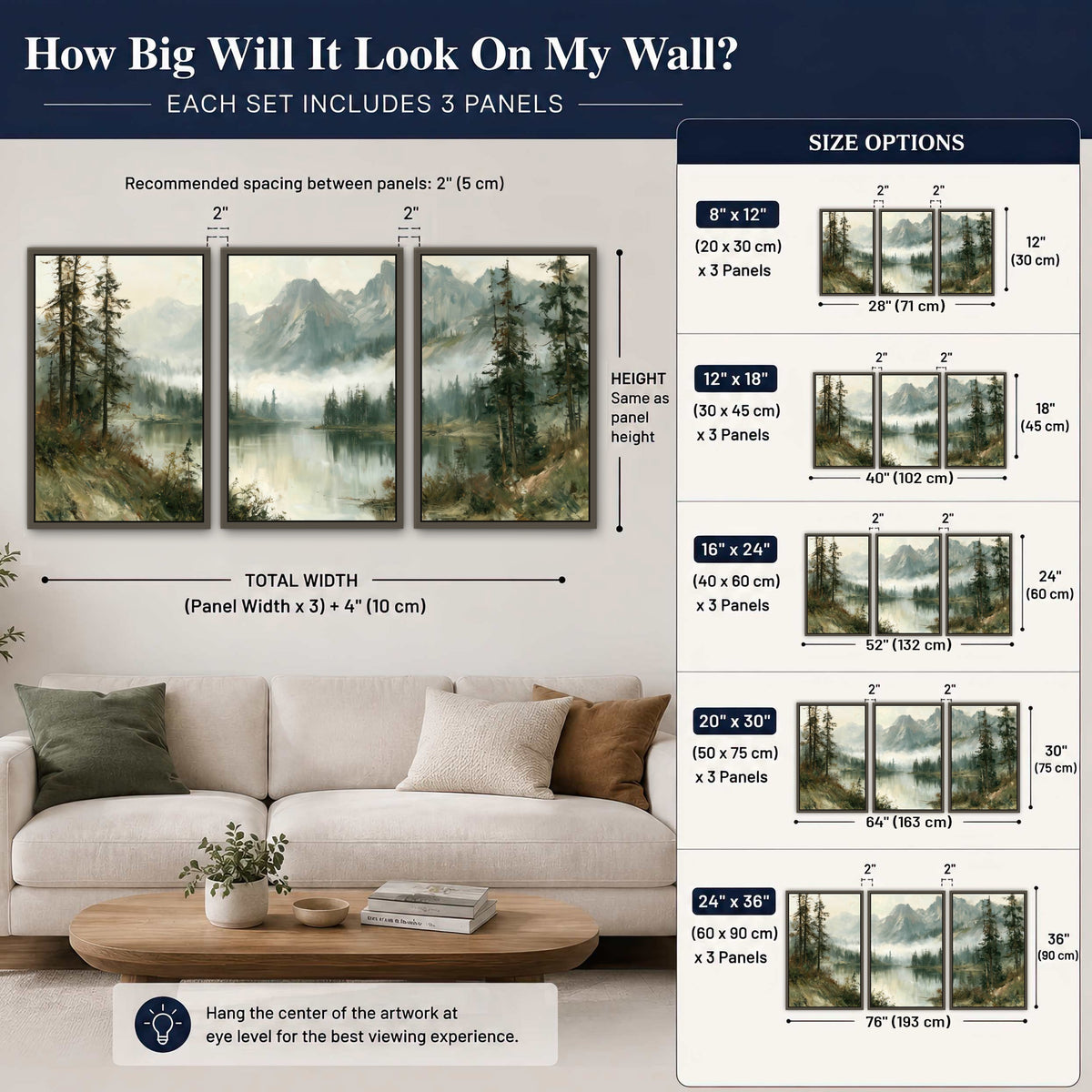 Misty alpine lake painting 3 piece framed canvas size guide above a sofa