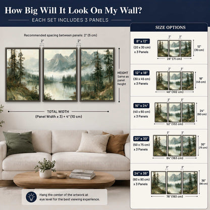 Misty alpine lake painting 3 piece framed canvas size guide above a sofa