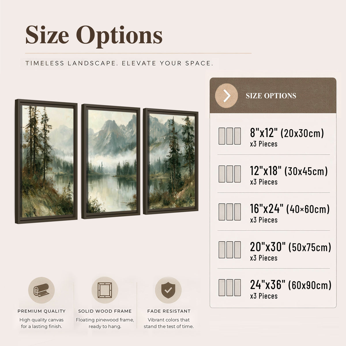 Misty alpine lake painting 3 piece framed canvas size options