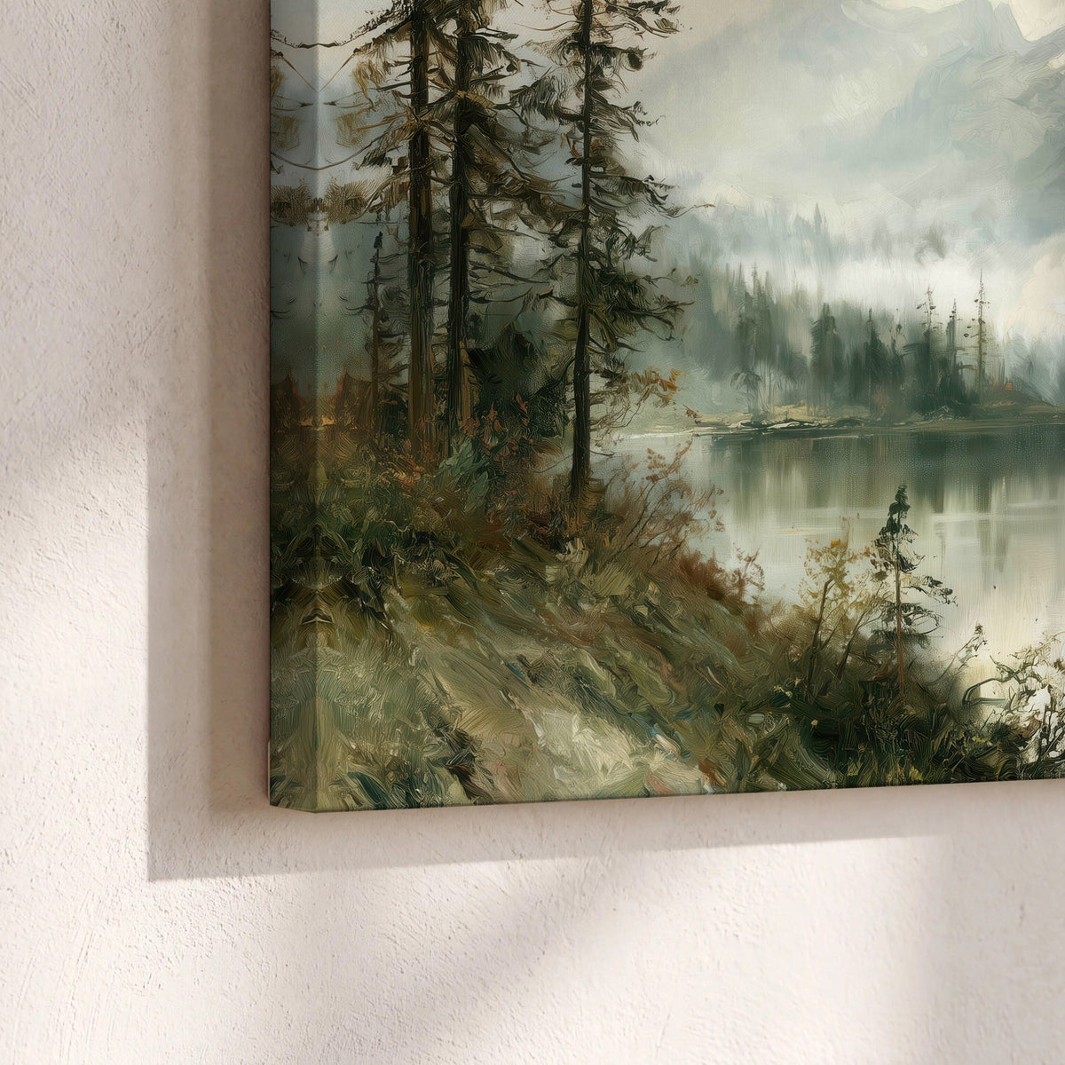 Misty alpine lake painting canvas print close-up showing the gallery-wrapped edge