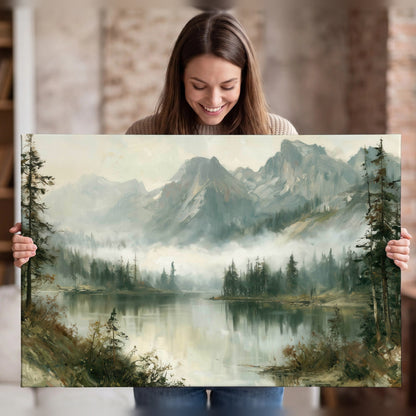 Misty alpine lake painting canvas wall art held in hands