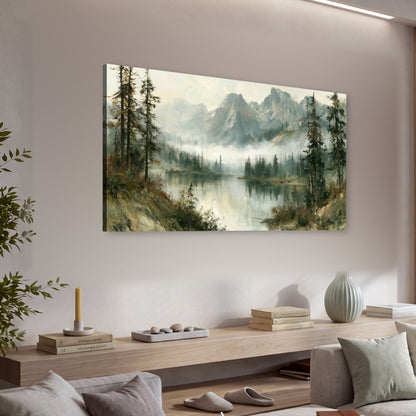 Misty alpine lake painting canvas wall art in a living room above a console