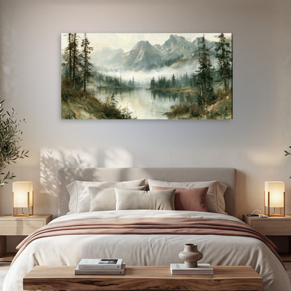 Misty alpine lake painting canvas wall art in a bedroom above the bed