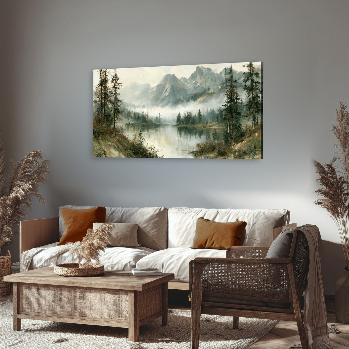 Misty alpine lake painting canvas wall art in a rustic living room