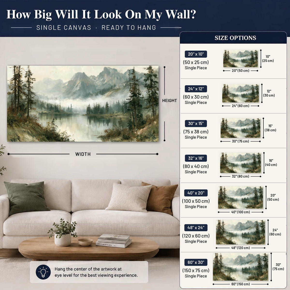 Misty alpine lake painting canvas wall art size guide above a sofa