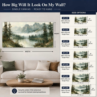 Misty alpine lake painting canvas wall art size guide above a sofa