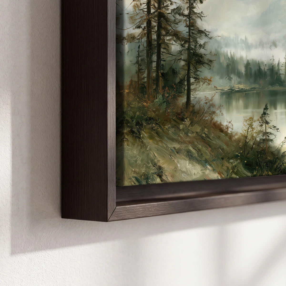 Misty alpine lake painting framed canvas close-up showing the floating frame