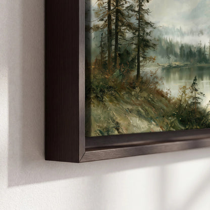 Misty alpine lake painting framed canvas close-up showing the floating frame