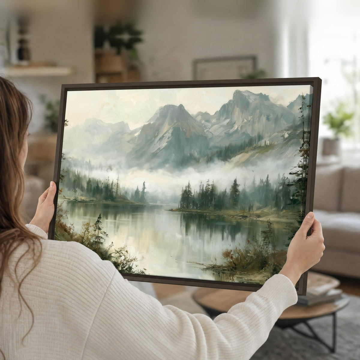 Misty alpine lake painting framed canvas held in hands