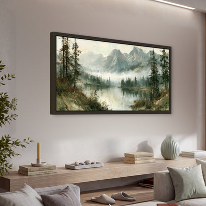 Misty alpine lake painting framed canvas wall art in a living room above a console