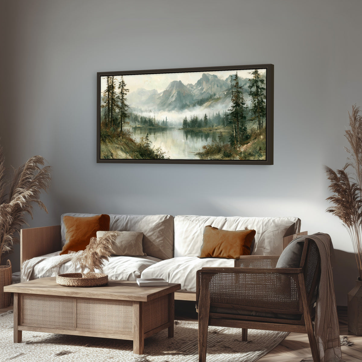 Misty alpine lake painting framed canvas wall art in a rustic living room