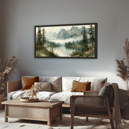 Misty alpine lake painting framed canvas wall art in a rustic living room
