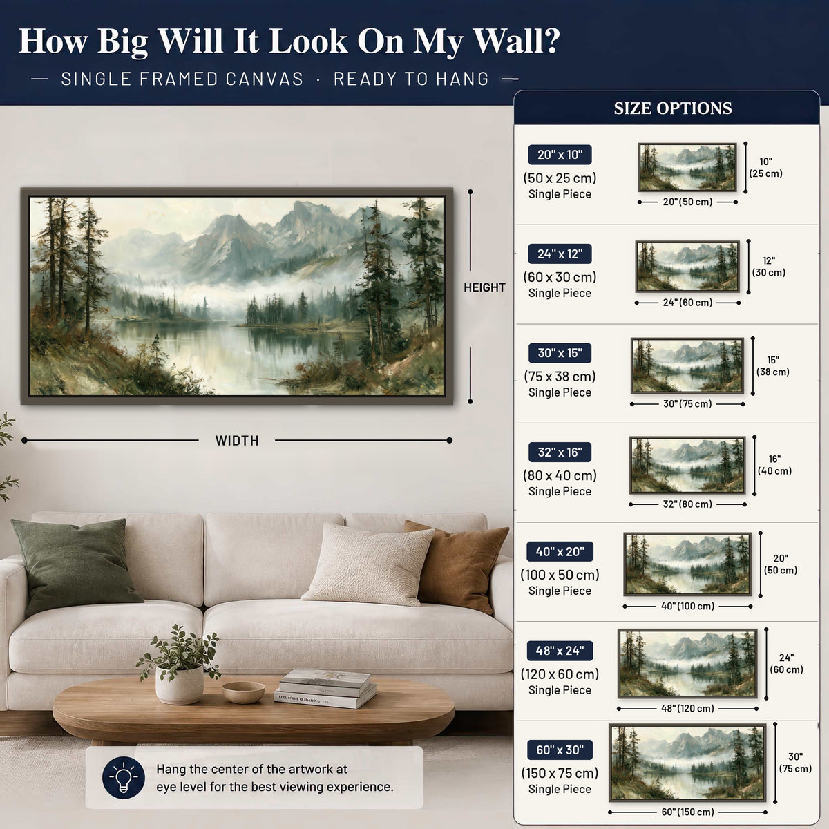 Misty alpine lake painting framed canvas wall art size guide above a sofa