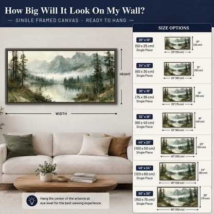 Misty alpine lake painting framed canvas wall art size guide above a sofa