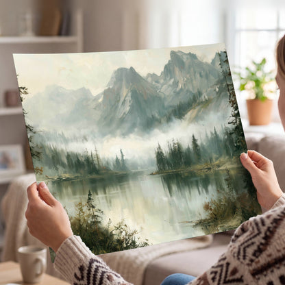 Misty alpine lake painting poster print held in hands